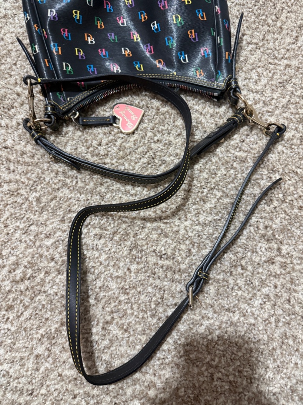 Dooney & Bourke Black Leather Shoulder Bag with Multicolor DB Logos - Picture 6 of 9